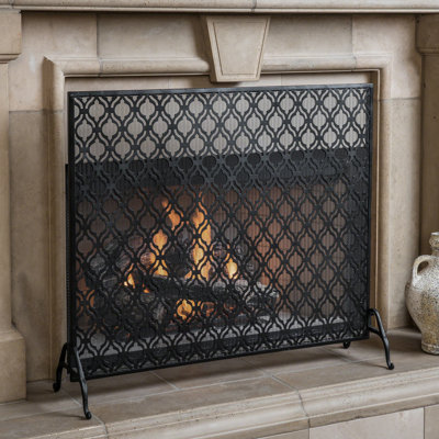 Iron Single Panel Fire Screen, Modern Style With Overlapping Circles, Black, 40.16" Product Depth, 11.57" Width, 34.86" Height, Prevents Embers From Flying Out, Assembly Included Black Finish, Circle