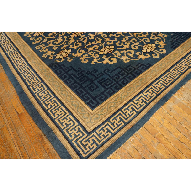 1900s Blue Medallion Antique Chinese Peking Rug 9'x11' 4'' Handwoven Wool Carpet