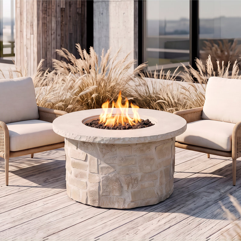 Foyer de table rond au propane en pierre avec réservoir caché beige Scottsdale