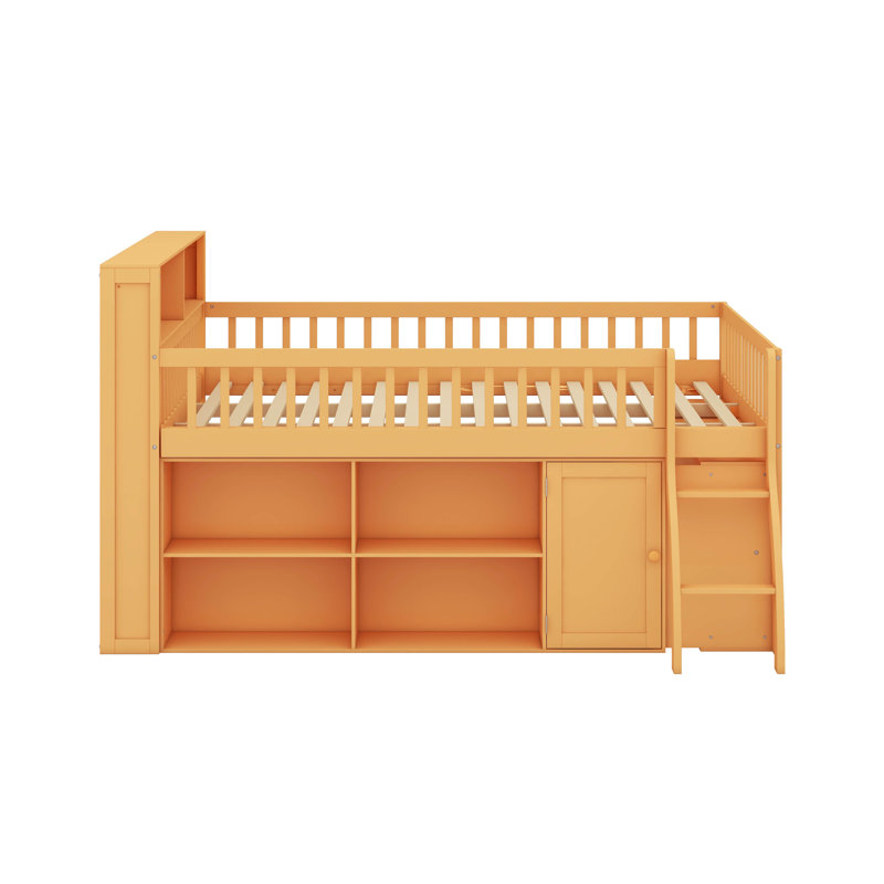 Lit mezzanine bas avec tête de lit à DEL et tablettes de rangement, lits de maison de jeu avec espace de jeu sous le lit