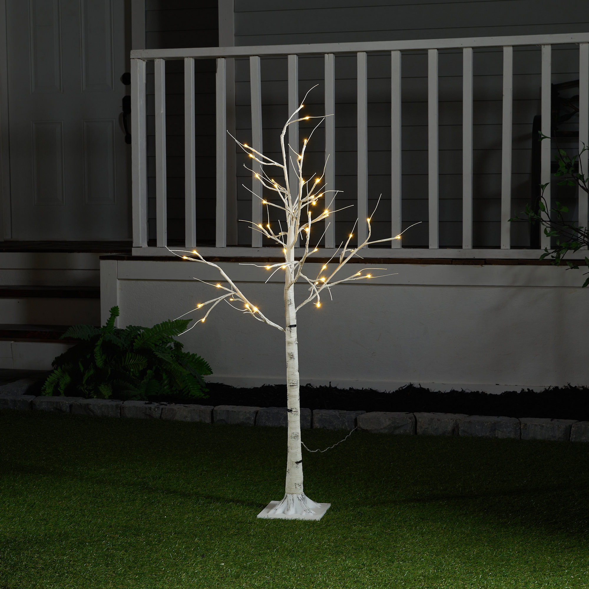 Birch Tree On Metal Base In/Outdoor with LED Lights with 8 Lighting Modes, Beige, 47" H x 7"W x 7" D
