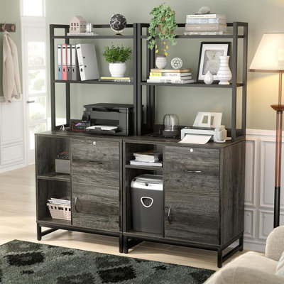 Vertical Filing Cabinet with Lock & Charging Station, with Bookshelf, Printer Stand with Open Storage Shelf, Grey Oak