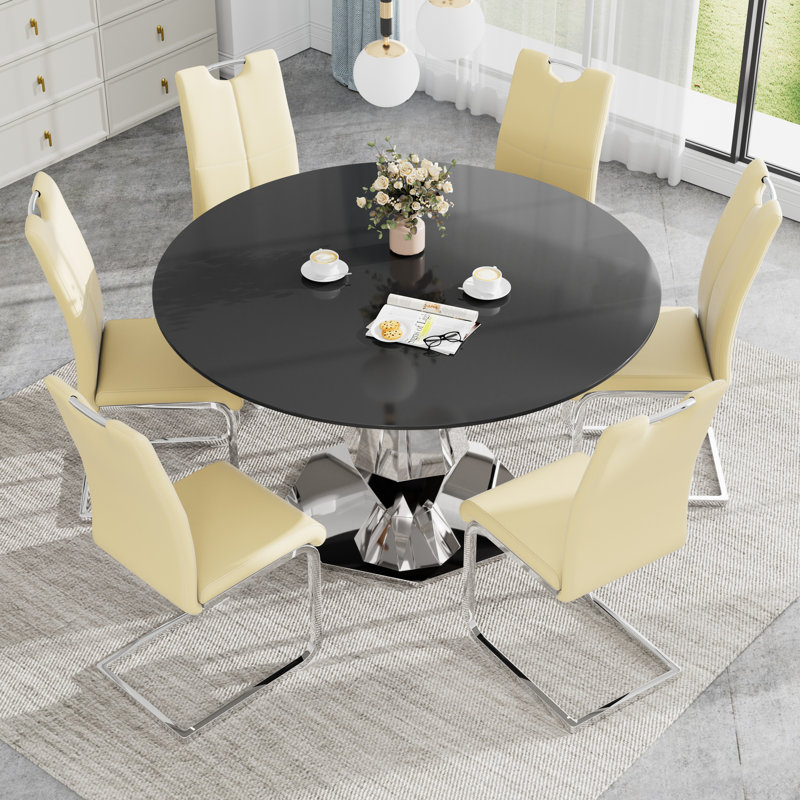 Round Pedestal Tempered Glass Dining Set, Beige, Silver