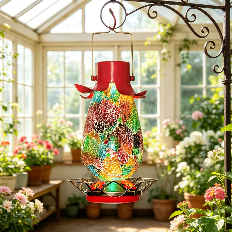 Mangeoire solaire à colibri à DEL pour l'extérieur, bouteille de nectar en mosaïque en verre multicolore avec 4 stations d'alimentation pour fleurs et perchoirs, lumière de décoration de jardin imperméable