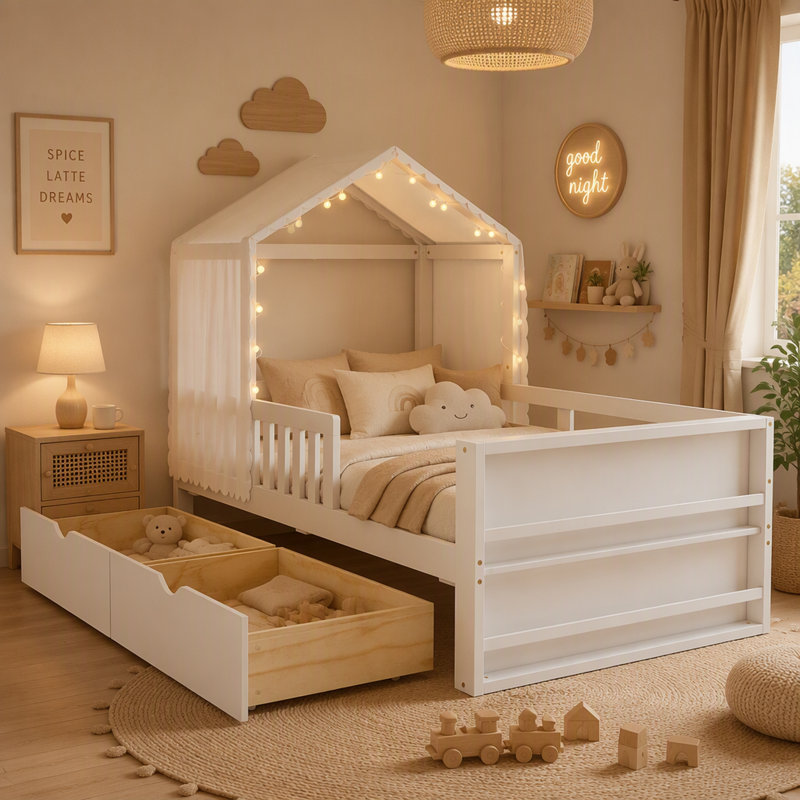 Twin House Bed Frame with Detachable Tent, Light, 2 Storage Drawers and Bookshelves, Twin, White