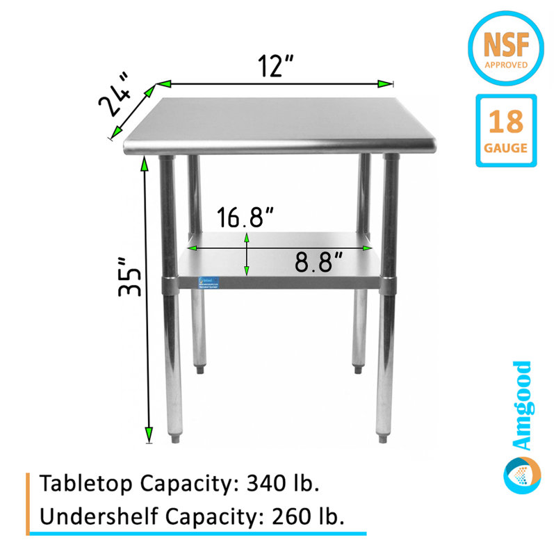 Table en acier inoxydable avec tablette inférieure. Table de préparation en métal. NSF., H 35 po x l 12 po x p 24 po