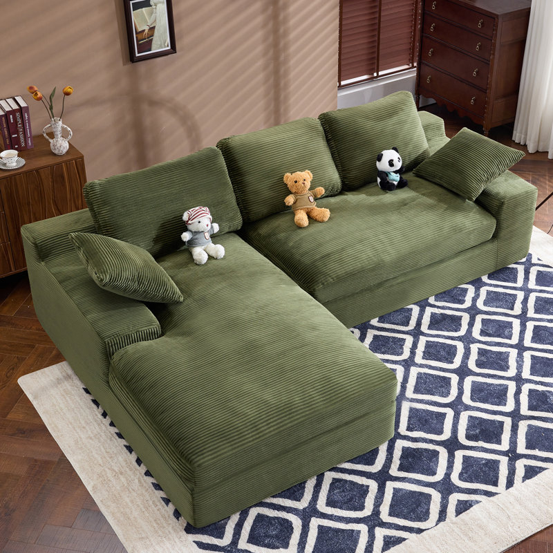 Canapé modulaire en L Corduroy avec 2 coussins et méridienne, Velours côtelé vert