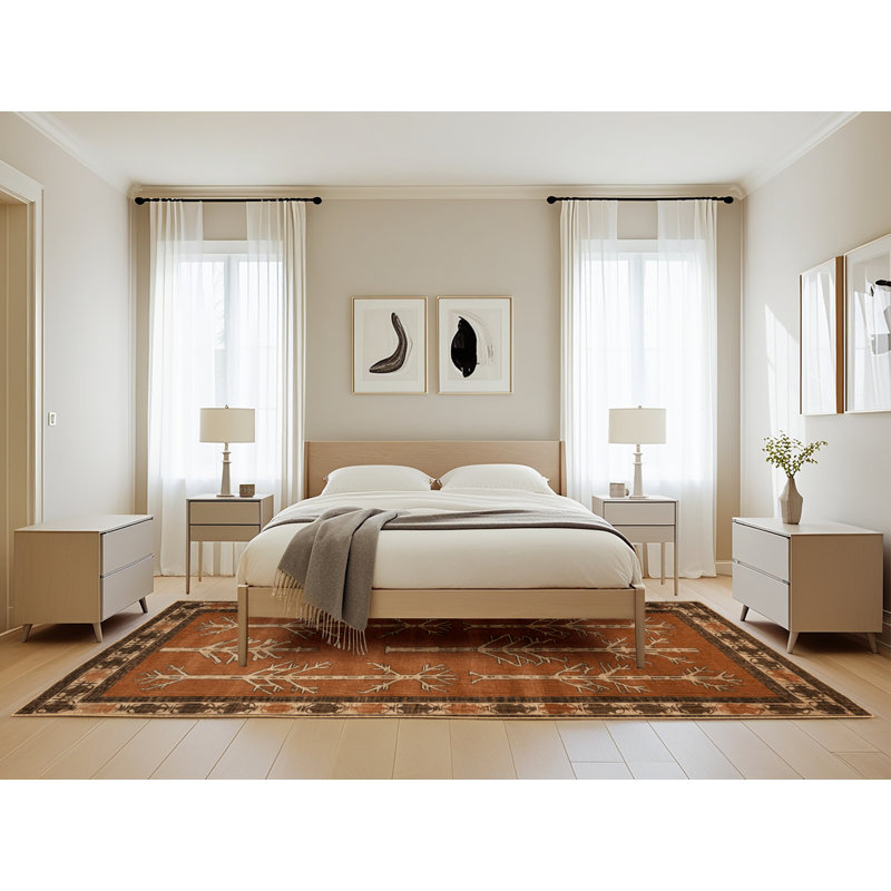 Tapis botanique brun lavable à la machine, Rectangle 5 pi x 8 pi