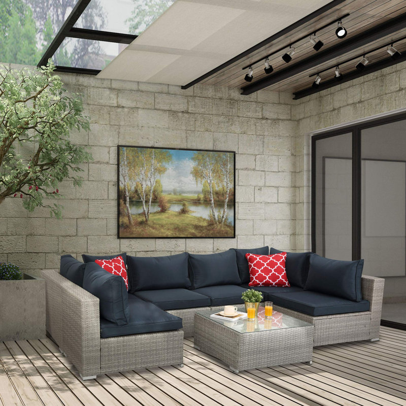 HIFINE-Ensemble de canapé modulaire d'extérieur en rotin de 7 pièces avec 2 coussins et table basse, Bleu foncé