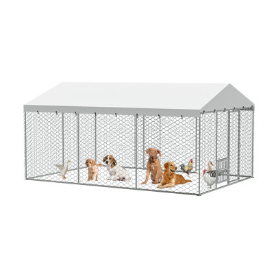 Chenil d'extérieur en acier robuste 15 pi x 10 pi avec auvent pour chien, argent