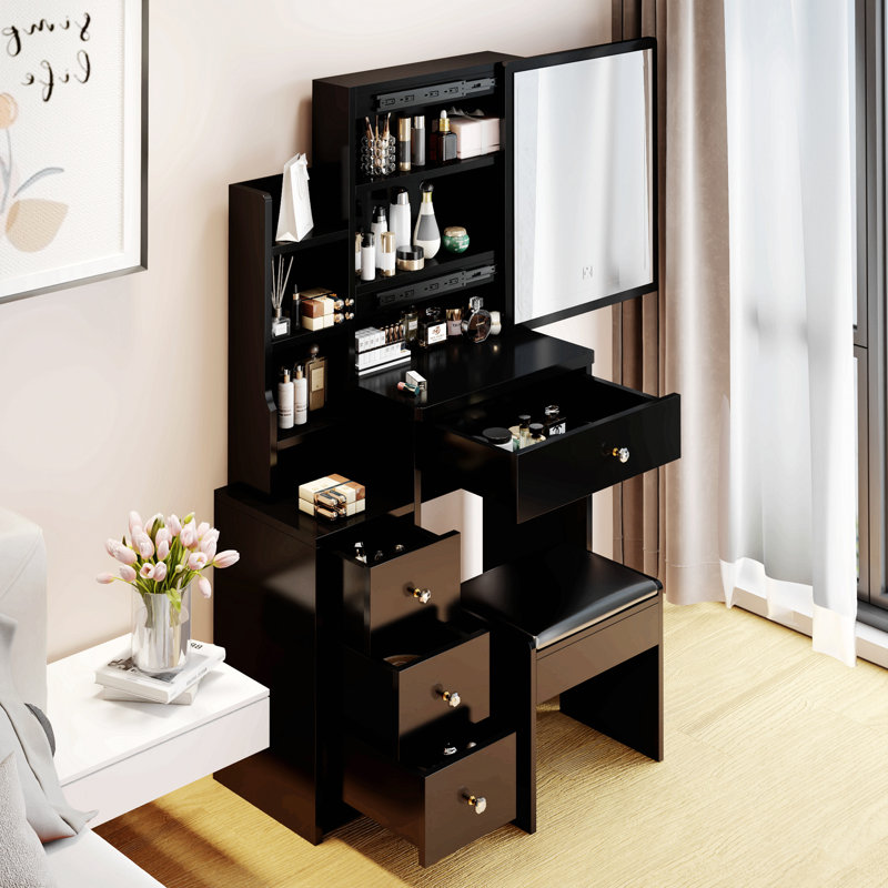 Petite coiffeuse 29,2 po avec tabouret de chevet gauche + tabouret rembourré, très grand miroir coulissant à droite, rangement multi-couches grande capacité, commode pratique et pratique, convient aux petits espaces