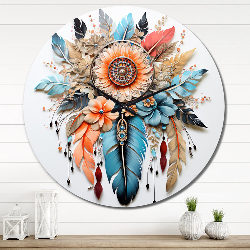 Horloge murale bohème fleurs et plumes, Très grand