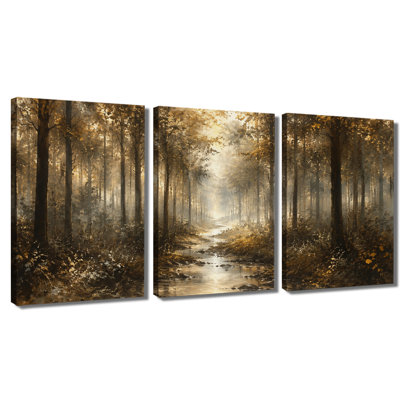3‑panel wall art Golden Forest Stream Scenery Wrapped Canvas Print