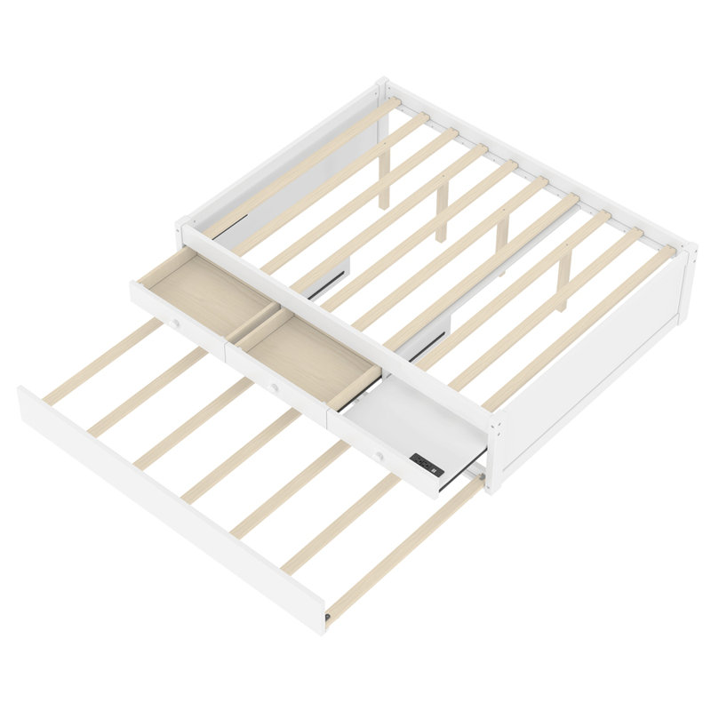 Lit plateforme double avec lit gigogne et 2 tiroirs, lits en bois massif avec multiprise, Blanc, Lit double