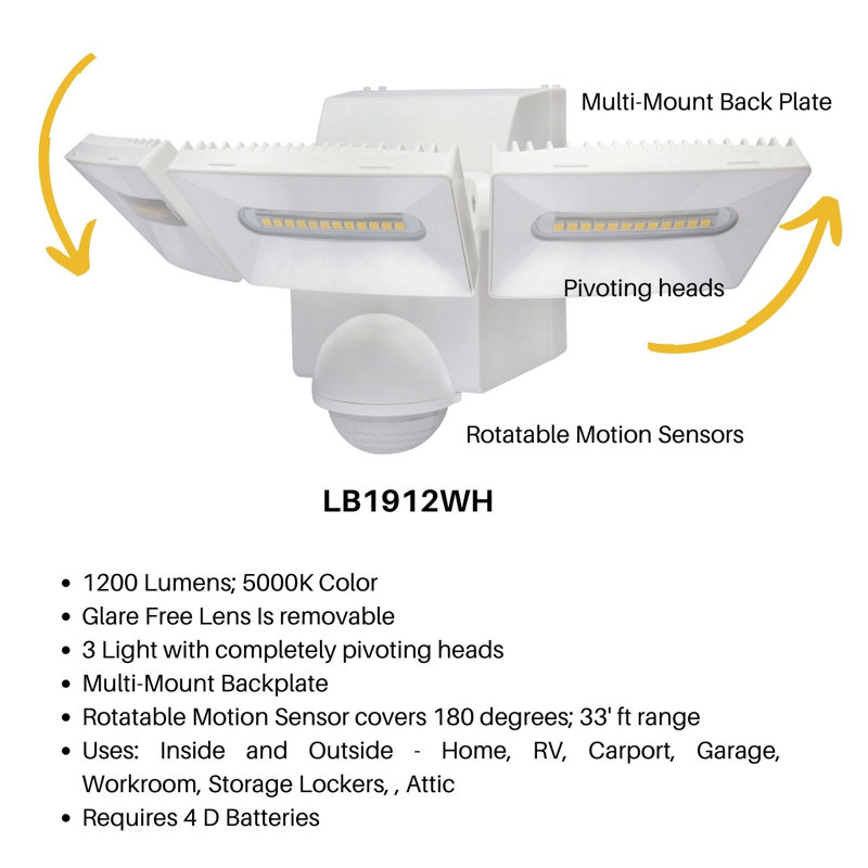 Iq America Lb1912bz 1200 lumens à pile à lumière de sécurité à mouvement mural à fixation murale Universal Universal, Blanc