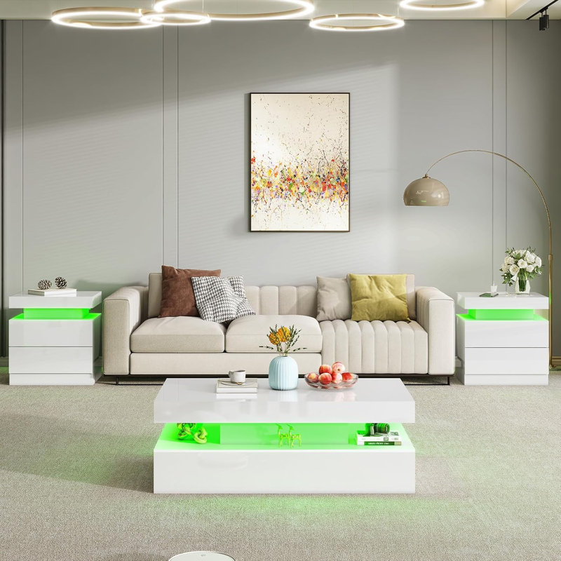 Table basse moderne avec 2 tables de bout, lumières DEL et station de charge, blanc
