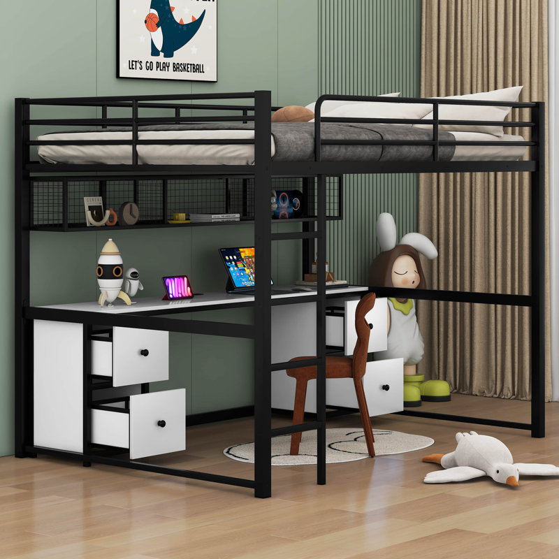 Lit mezzanine double avec tiroirs Altfried Kids, Noir / blanc