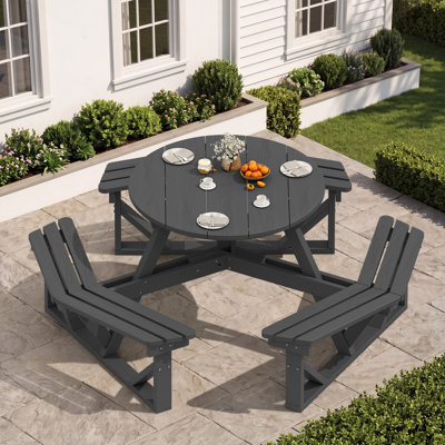 HDPE 6-Person Outdoor Convertible Picnic Table Set, All-In-One Hexagon Patio Dining Bench With Round Tabletop For Backyard Garden Deck