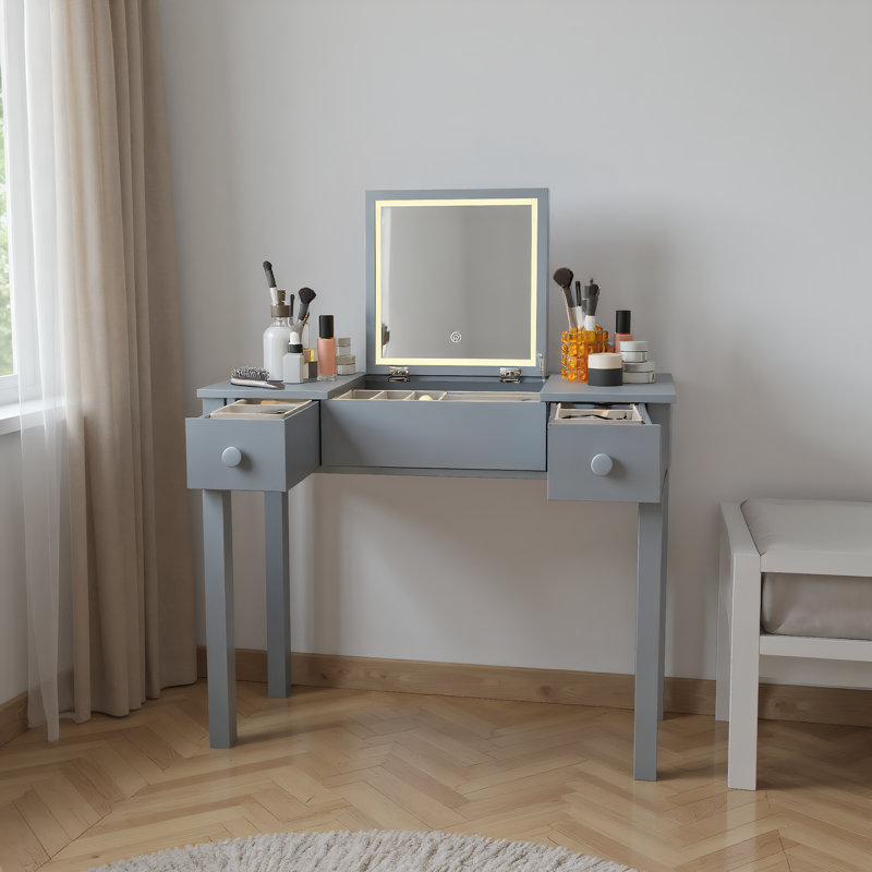 Coiffeuse grise avec lumières à DEL et miroir rabattable, Gris