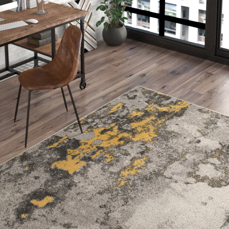 Riebe Abstract Power Loom Polypropylene Area Rug in Gray/Yellow, Rectangle 6' x 9'