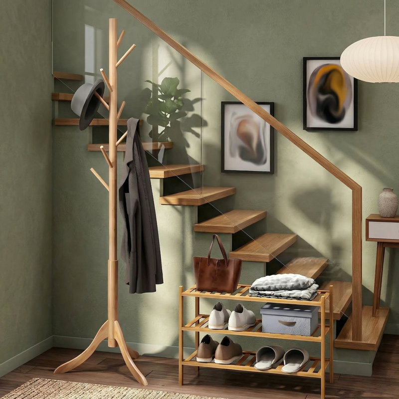 8 Hook Bamboo Coat Rack Stand, Freestanding Entryway Coat Hanger For Jackets, Hats, Bags & Umbrellas, Yellow
