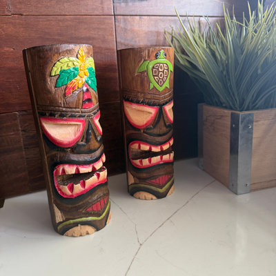 Tropical hand-carved brown wood tiki totem pole statue set of 2, turtle and palm, 8 inches high