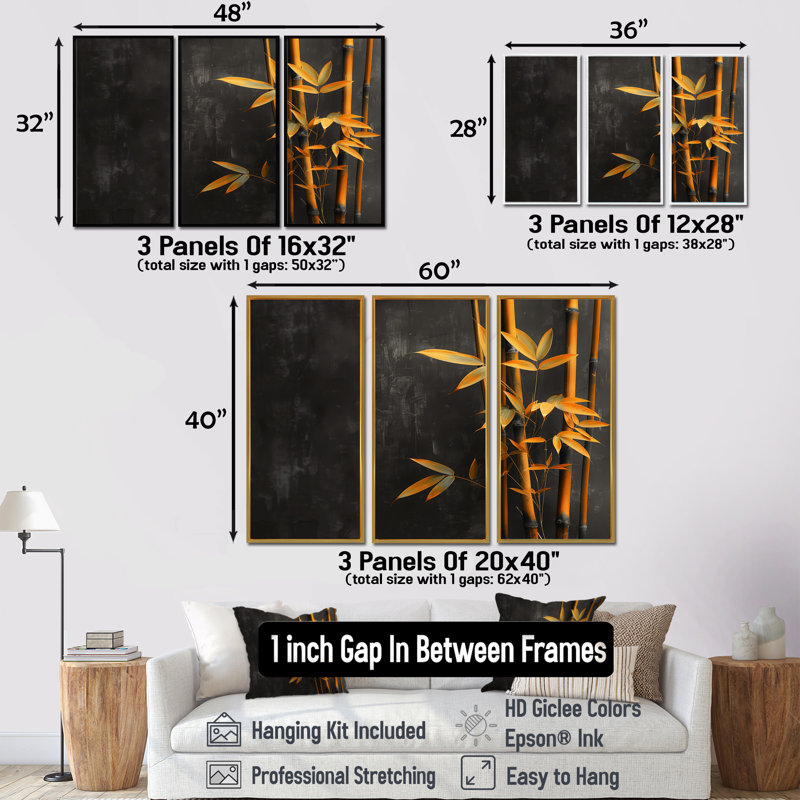Ensemble de salon jaune et noir avec charme rustique en bambou, Cadre flottant blanc, H 40 po x l 60 po