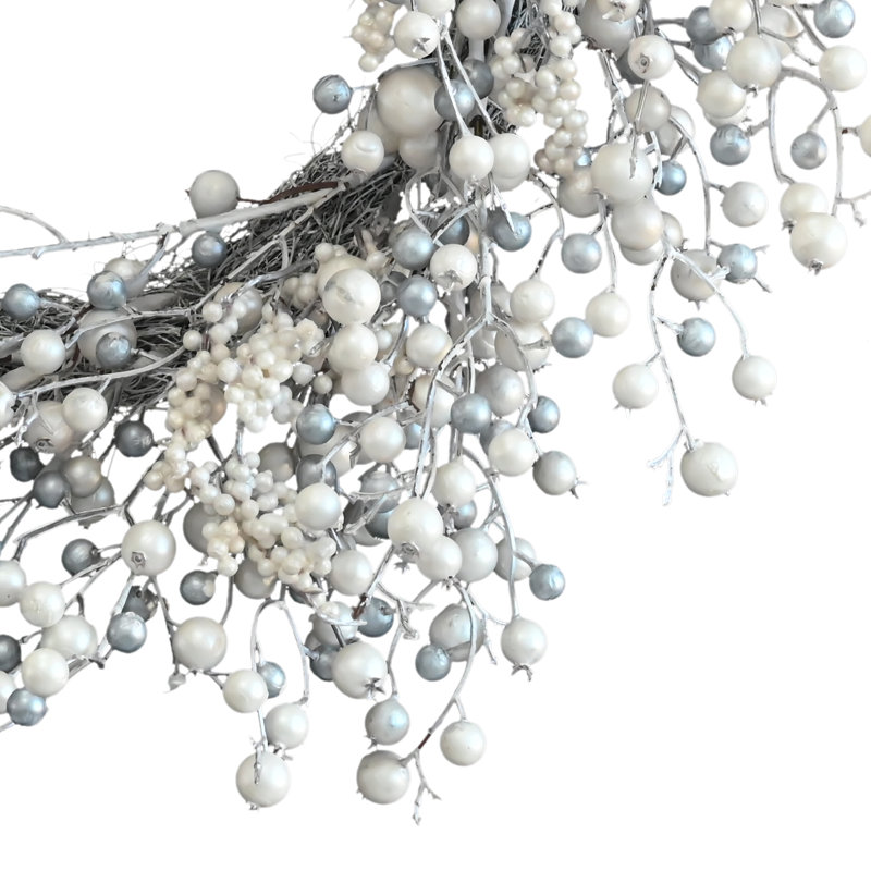24-Inch Pearl White and Silver Berry Winter Front Door Wreath