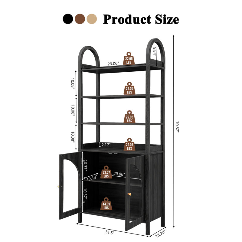 71'' H Arched 6-Tier Storage Bookcase, Black