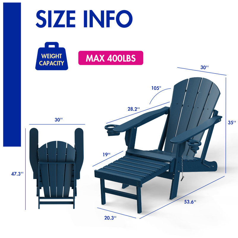 Chaise Adirondack pliante en plastique avec repose-pieds Cait, Bleu