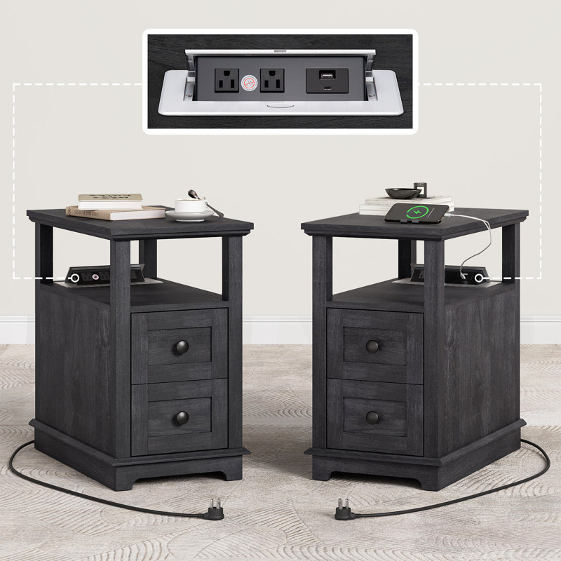 2 Drawers End Tables with Storage and Fast Charging Station for Living Room, Black