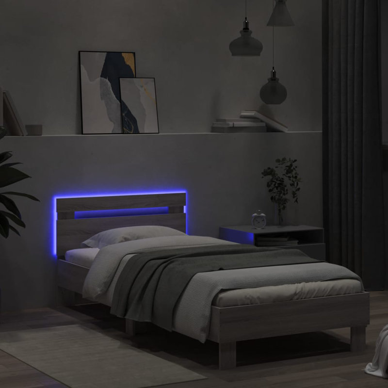 17 Stories Bed Frame With Headboard And LED , European Single (90 x 200 cm), Concrete Grey