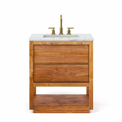 Oakman 30 In. Mango Wood Single Sink Carrara White Marble Countertop Bath Vanity With Satin Gold Faucet
