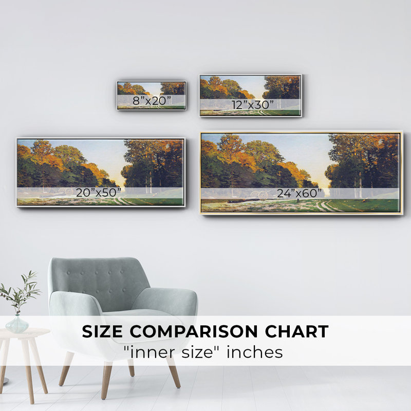The road from Chailly to Fontainebleau by Monet- Framed Canvas, H 12 po x l 30 po x P 1,5 po, Blanc