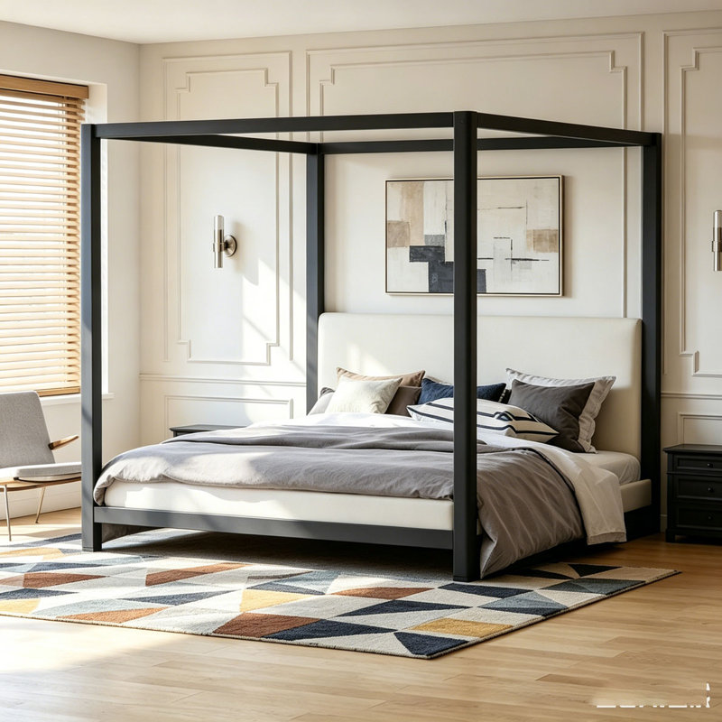 Lit plateforme à baldaquin avec tête de lit tapissier, Black, Queen