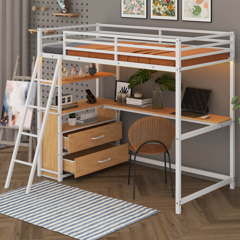 Lit mezzanine simple en métal et bois avec bureau et tablettes, Blanc
