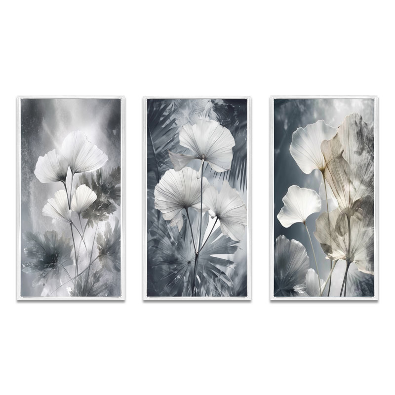 3 pièces sur toile - Art de palmier tropical pour art ginkgo, Cadre flottant blanc, H 28 po x l 36 po