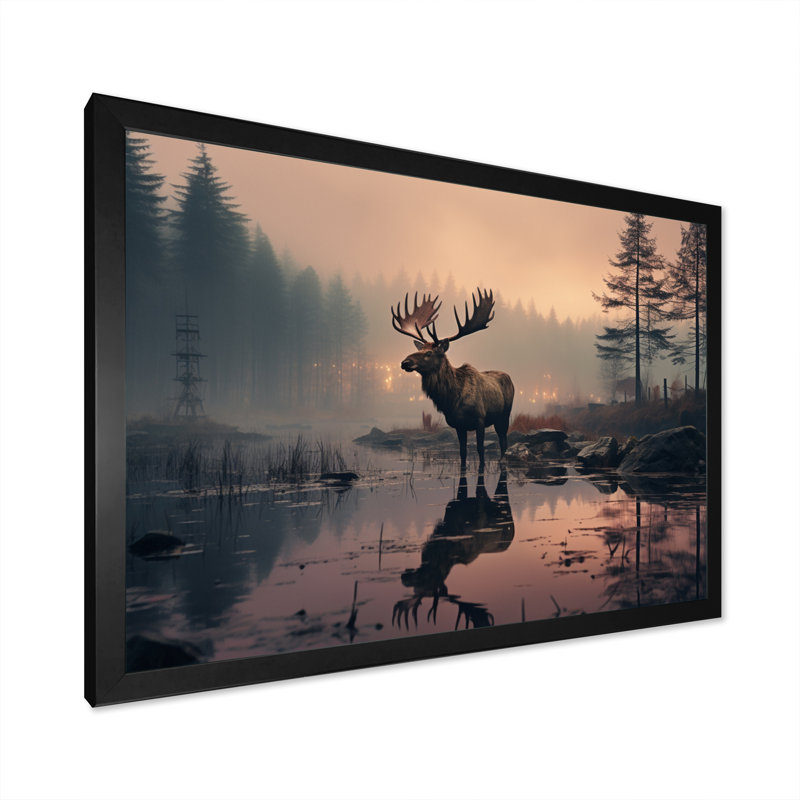 «Brown Peach Moose Misty Morning», reproduction sur toile, Cadre simple noir, H 34 po x l 44 po x P 1,5 po