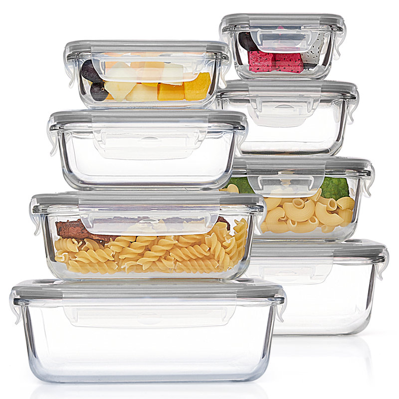 Ensemble de 8 contenants en verre gris pour le rangement des aliments avec des couvercles hermétiques, un verre de préparation pour le repas, sur le pouce, les restes, le congélateur, le réfrigérateur, le micro-ondes, le lave-vaisselle, sans BPA