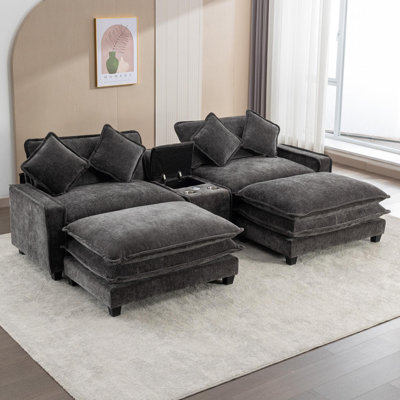 Canapé modulaire rembourré avec deux repose-pieds amovibles, deux ports USB, deux porte-gobelets et une grande boîte de rangement pour le salon