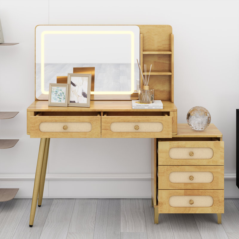 Coiffeuse de maquillage rétro avec miroir éclairé, tiroirs et tablette de rangement, Brown