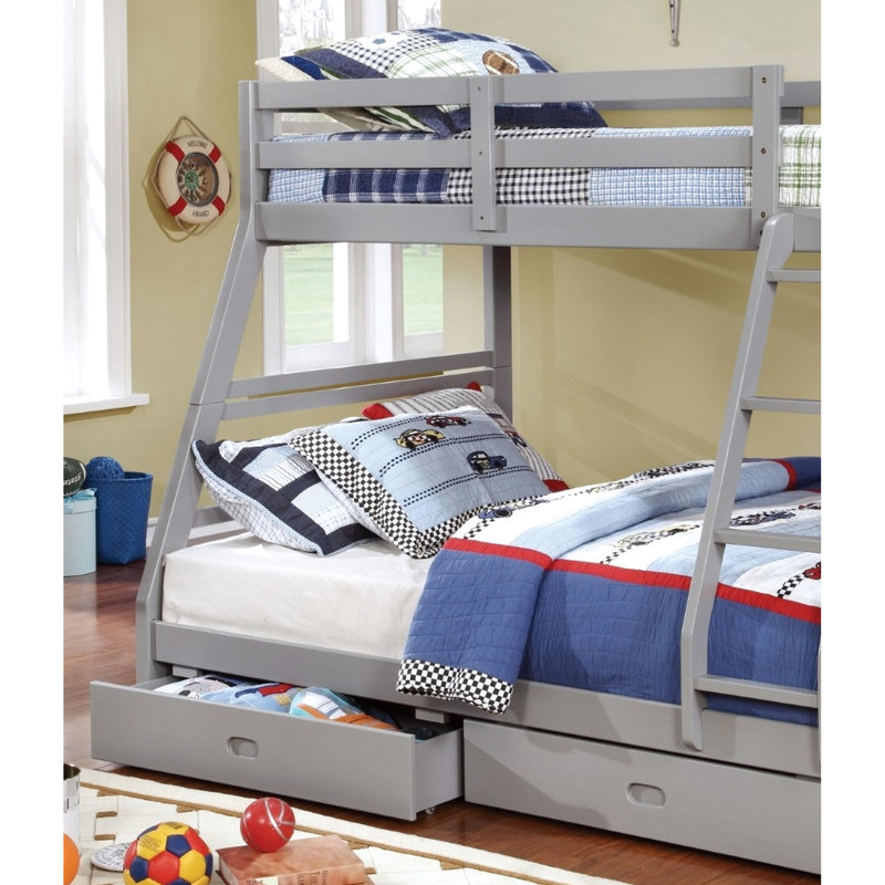 Lit superposé simple au-dessus d'un lit double moderne en bois massif gris transitionnel avec deux grands tiroirs pour le rangement