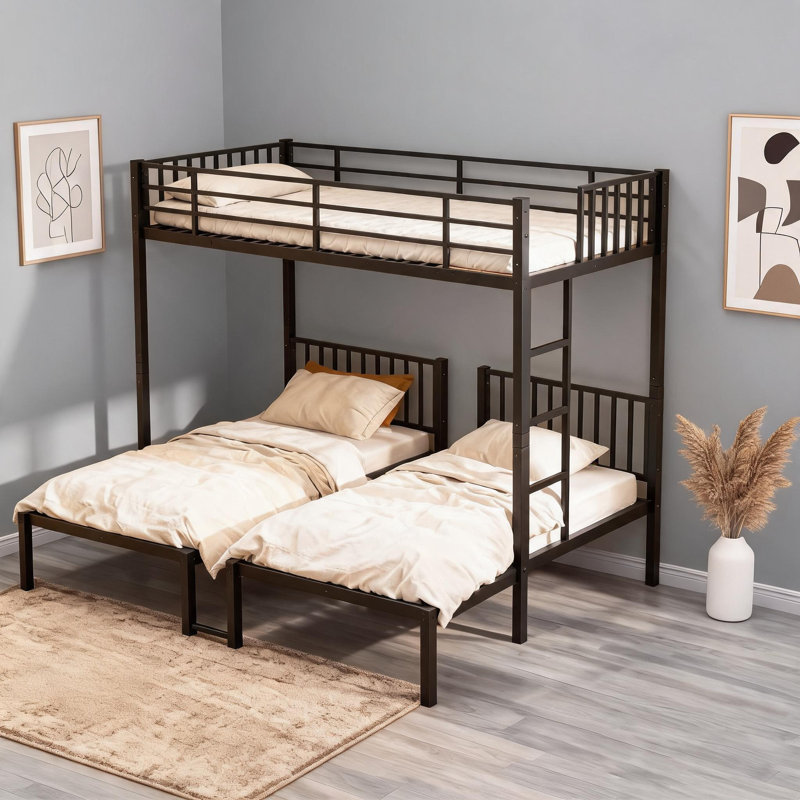 Lit superposé triple en métal noir classique, séparable en trois lits simples, idéal pour les foyers pour plusieurs enfants et les soirées pyjama pour enfants