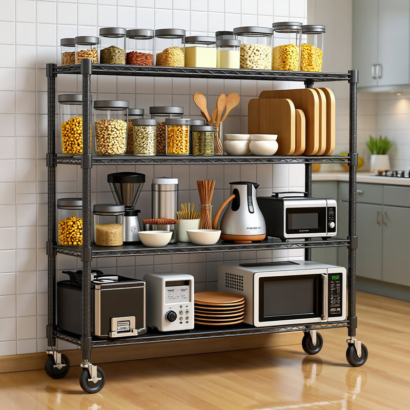 Étagère robuste en fil de métal avec roulettes, capacité de 800 lb, support de rangement de garage réglable, Noir satiné