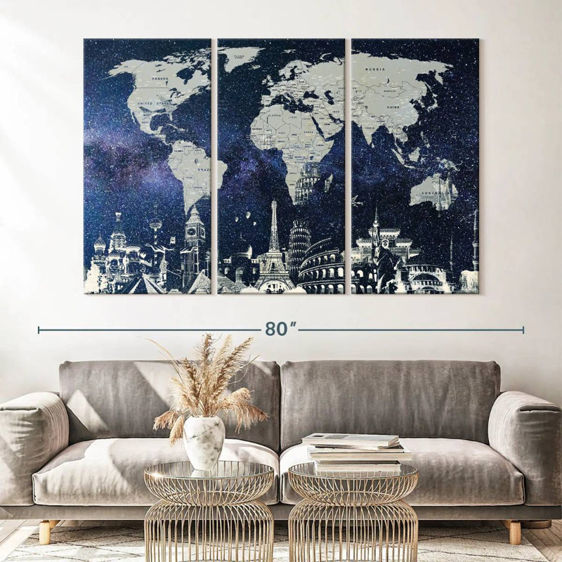 Carte du monde étoilé 3 pièces, H 65 po x l 42 po x P 1,25 po