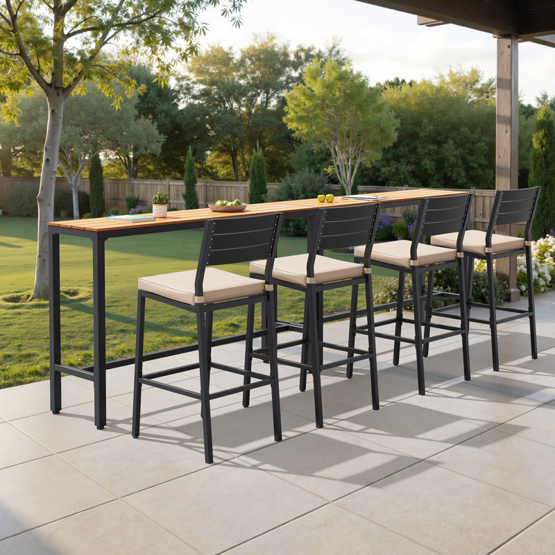 4 - Person Metal Patio Dining Set With 110.24''in W Rectangular Bar Table , Cushions Included, Beige, Brown