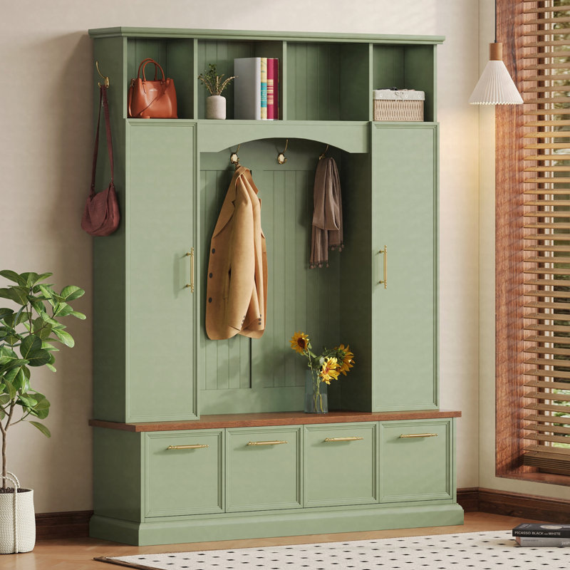 4-in-1 Farmhouse Hall Tree with Storage Bench, Adjustable Shelves & Golden Hooks, Green, Green