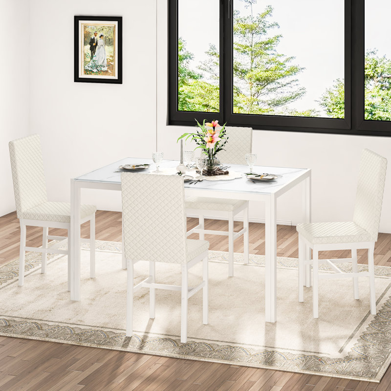 Tempered Glass Dining Table Set For 4, Modern Style Rectangle Dining Room Table Set With 4 Upholstered Armless Dining Chairs, Kitchen Table And Chairs Set For Small Spaces