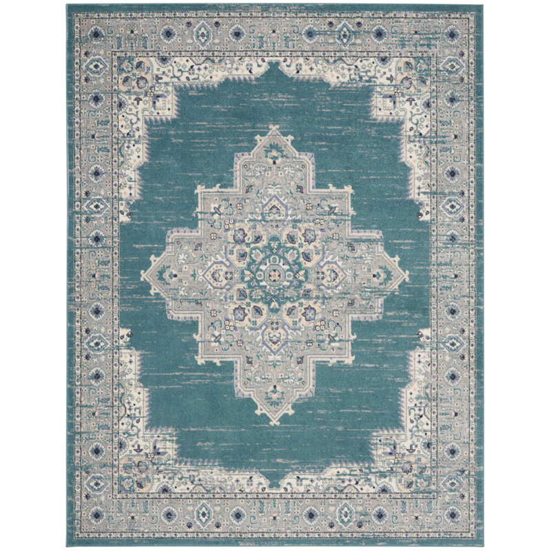 8' X 10' Aqua Floral Power Loom Distressed Area Rug
