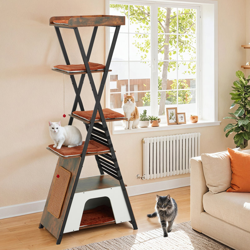 Wood Cat Tree Tower With Washable Cat Cushions